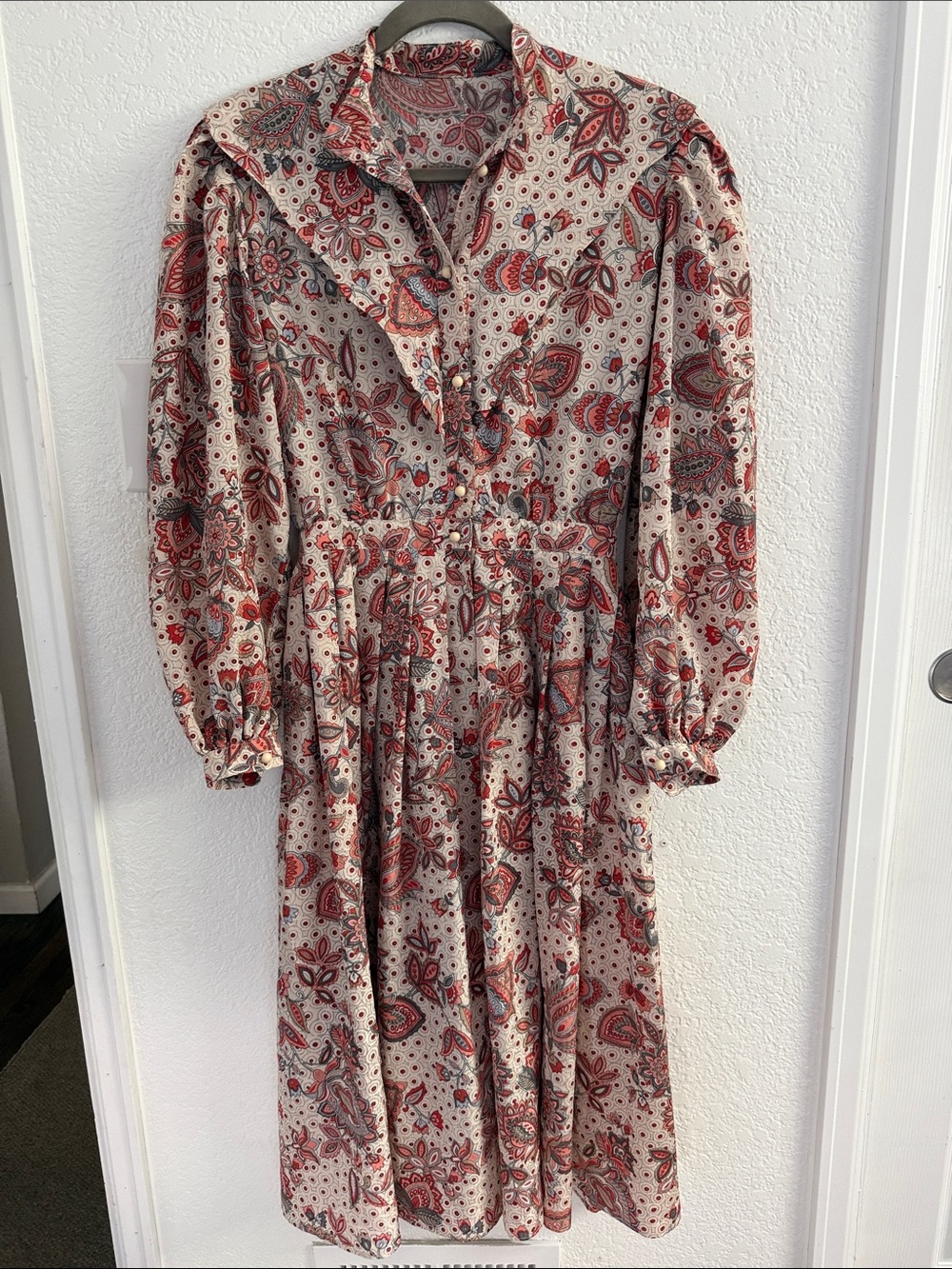 Paisley Print Long Sleeve Midi Dress in Beige and Red